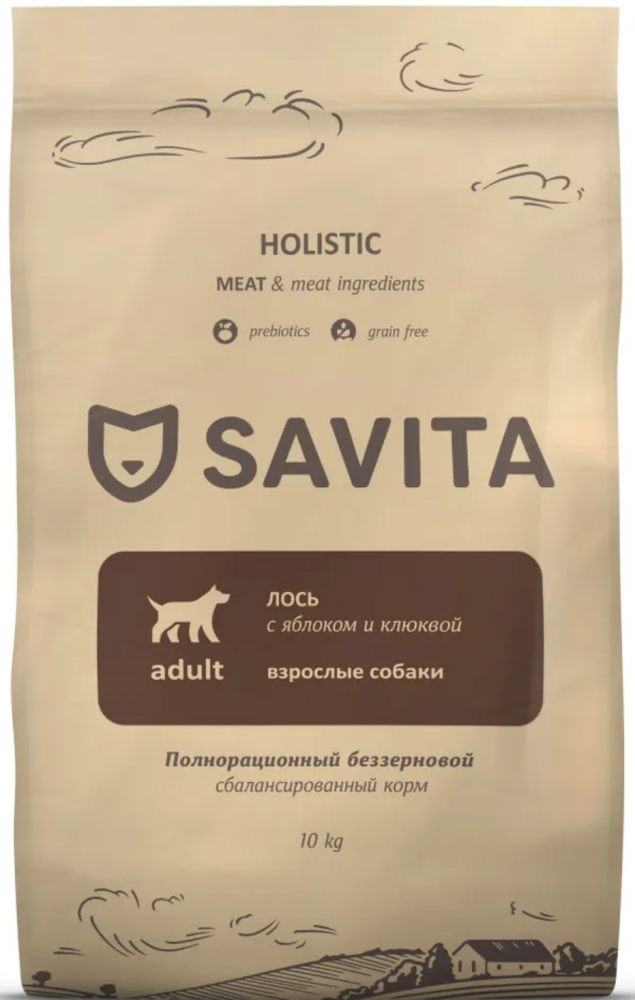 Корм Savita Adult Holistic Elk для собак, беззерновой, с пребиотиками, с мясом лося 10 кг
