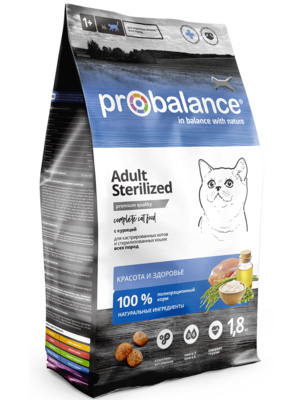 Корм для кошек ProBalance Sterilized для стерилизованных кошек и кастрированных с курицей и рисом 1,8 кг