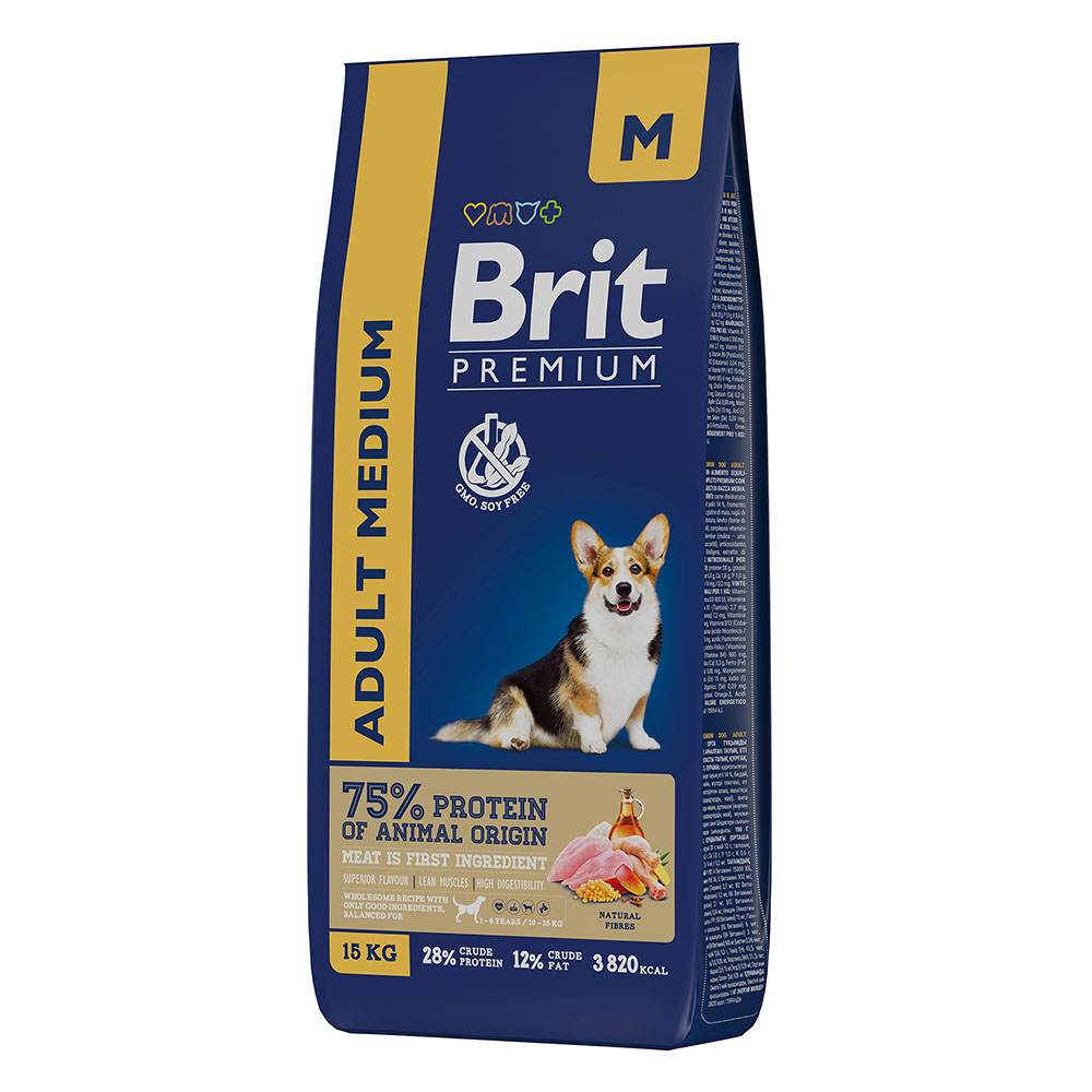 Корм Brit Premium Dog Adult Medium с курицей для взрослых собак средних пород (10–25 кг) 15 кг