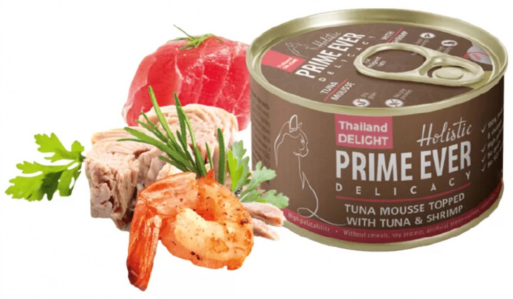 Корм Prime Ever Holistic Delicacy Tuna Mousse Topped &amp; Tuna And Shrimp (мусс) для кошек, с тунцом и креветками, 80 г