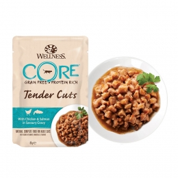 Wellness Core Tender Cuts для кошек с курицей и лососем в виде нарезки в соусе, пауч 85 гр
