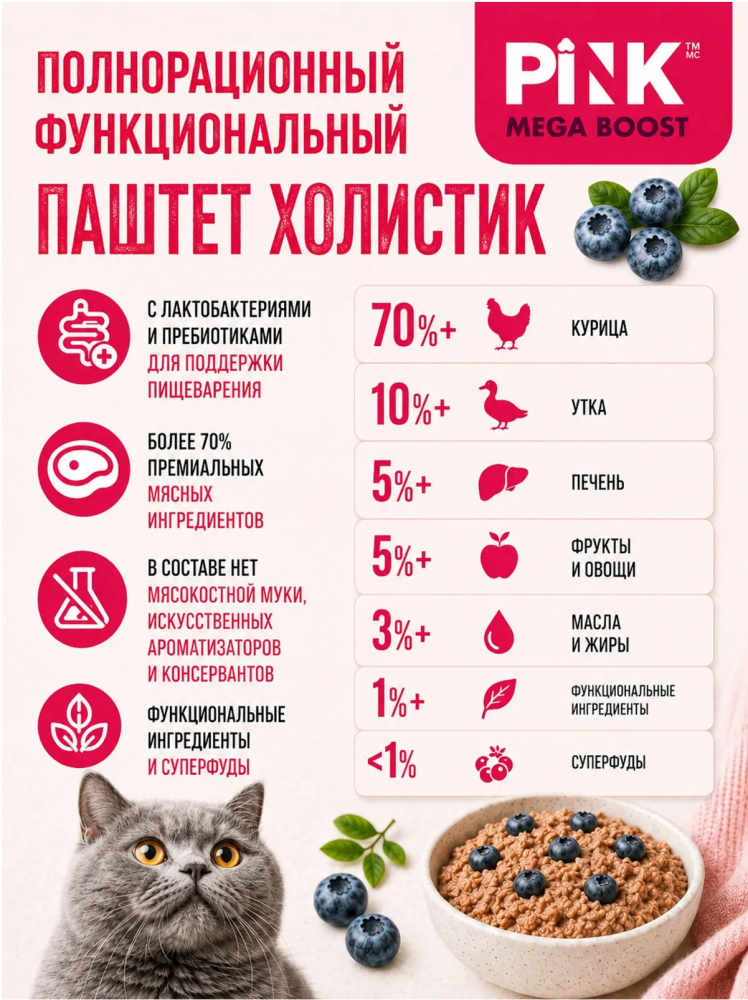 Консервы Пинк МЕГА БУСТ Скин Лосось с черникой: ПАШТЕТ 60 г для кошек