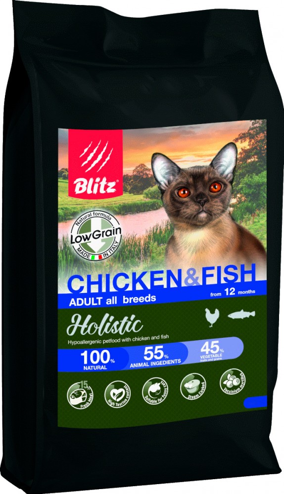 Корм сухой для кошек Blitz Holistic Chicken &amp; Fish (низкозерновой) для всех пород, курица и рыба