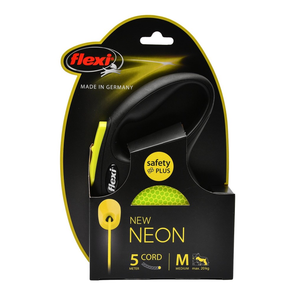 Рулетка Flexi Neon New Classic М (до 20 кг) трос 5 м, светоотражающая, желтый неон