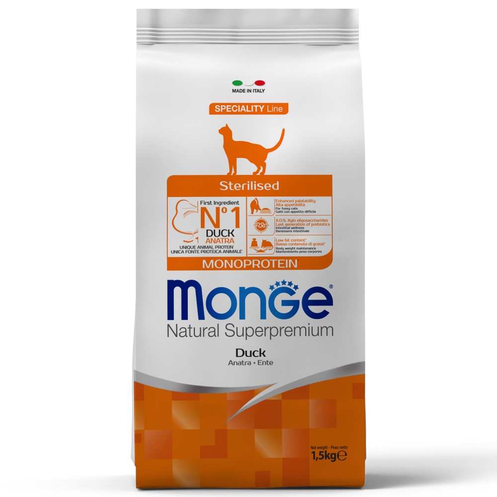 Корм для кошек Monge Cat Monoprotein Sterilised корм для стерилизованных с уткой 1 кг