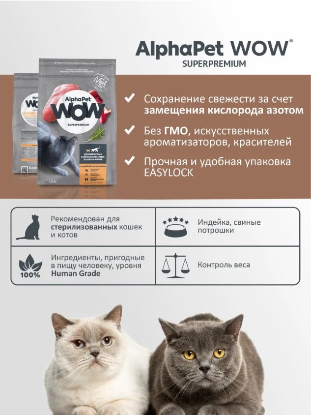 Сухой корм Alphapet WOW Superpremium с индейкой и потрошками  для стерилизованных кошек