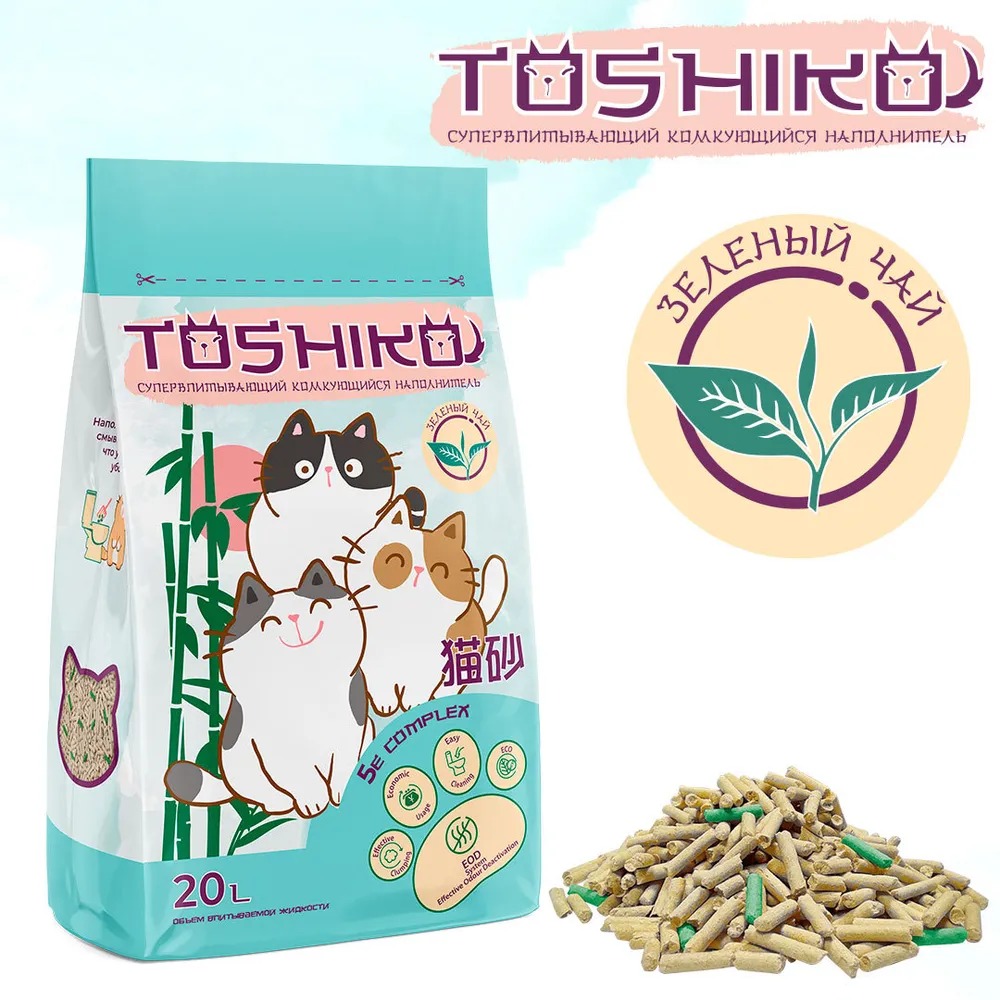 Наполнитель Toshiko Зеленый чай для кошек, древесный, комкующийся, с ароматом зеленого чая, 7.6 кг, 20 л